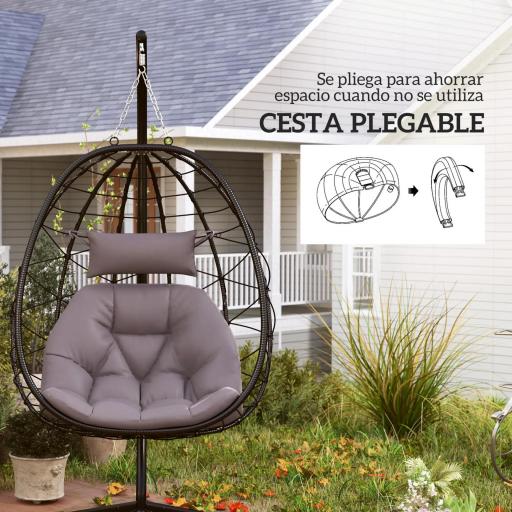 Silla Colgante Huevo con Soporte con Cesta Plegable Cojín y Reposacabezas para Interior y Exterior Carga 120 kg Gris [5]