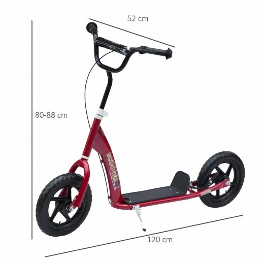 Patinete para Niños de 5-12 Años Scooter de 2 Ruedas Grandes de 12 Pulgadas con Freno y Manillar Ajustable en Altura Carga Máx. 50 kg 120x52x80-88 cm Rojo [1]