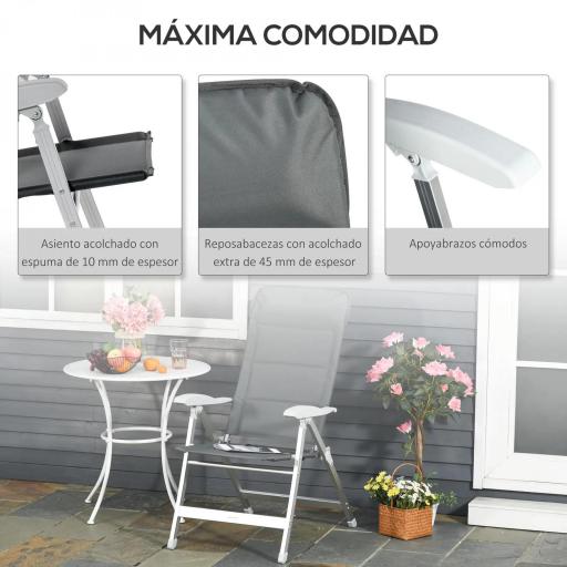 Silla de Jardín Plegable Portátil de Aluminio con Respaldo Alto Ajustable en 7 Posiciones y Reposacabezas Acolchado para Exterior Terraza Camping 75x61,5x114,5 cm Gris [3]