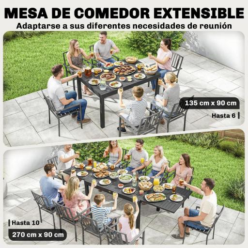 Mesa de Comedor Exterior Extensible 135/270 cm para 6-10 Personas de Aluminio con Tapa de Listones Gris Oscuro [2]