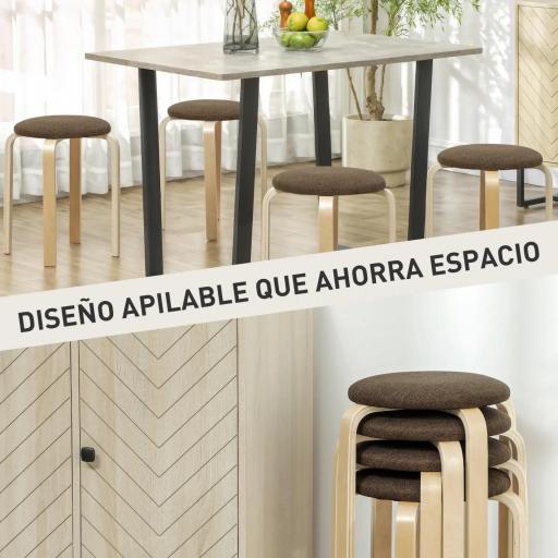 Juego de 4 Taburetes Redondos de Madera Apilables con Asiento Acolchado para Cocina Comedor Dormitorio Marrón [2]