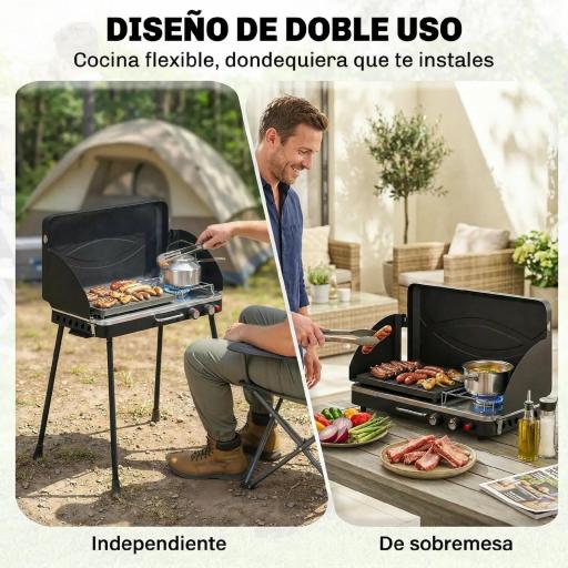 Barbacoa de Gas Portátil 2 en 1 Propano 7 kW de Mesa o de Pie con Plancha Grande Patas Desmontables Negro [5]