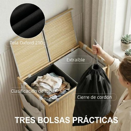 Cesto de Ropa Sucia de Bambú con Tapa 120L con 2 Bolsas con Cordón Extraíbles y Lavables Bolsillos Laterales Natural [2]