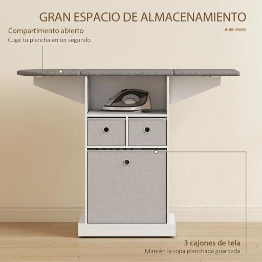 Mueble de Plancha con Ruedas Tabla de Planchar Plegable 3 Cajones de Tela 121x37x89,5 cm Blanco [4]