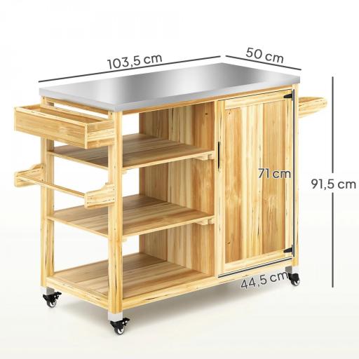 Carrito de Parrilla de Madera con 4 Ruedas Estantes Armario y Encimera de Acero Inoxidable 134,5x50x91,5 cm Natural [5]
