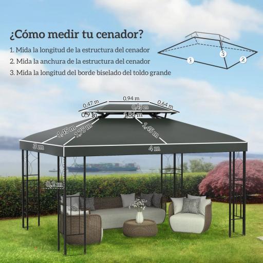 Toldo de Repuesto 4x3 m con Techo Doble para Cenador con Orificios de Drenaje Solo Toldo NO Incluye Marco Gris Oscuro [3]