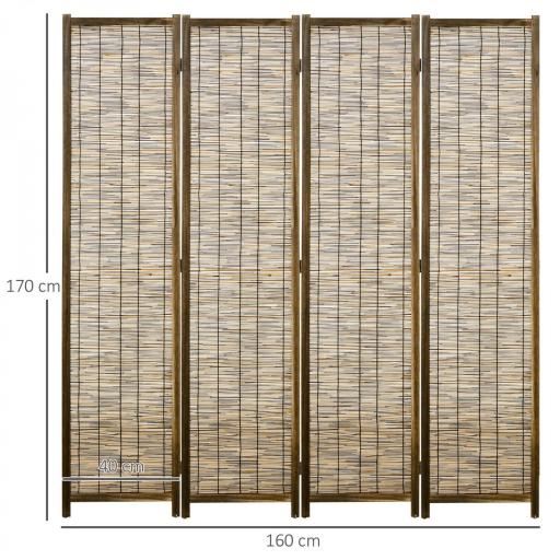 Biombo de 4 Paneles Plegable 160x1,8x170 cm Separador de Ambientes de Madera y Carrizo Natural [1]