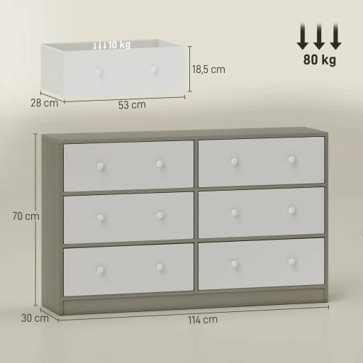 Cómoda con 6 Cajones de Tela Marco de Acero y MDF Cajonera para Salón Oficina Vestidor Blanco y Gris [1]