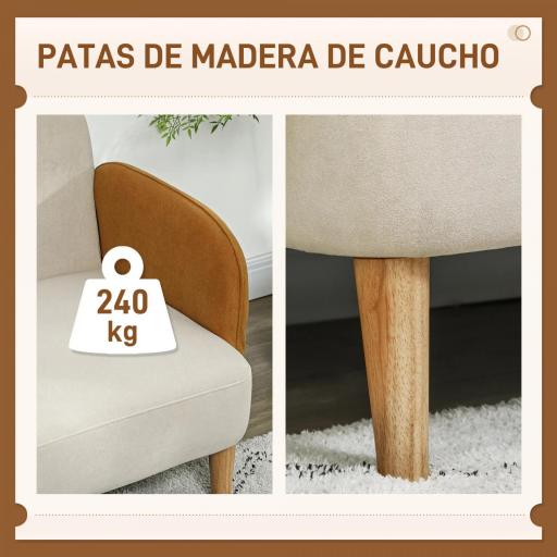 Sofá de 2 Plazas Tapizado en Terciopelo con Reposabrazos y Patas de Madera Sofá Pequeño Carga 240 kg 130x74x76 cm Crema [5]
