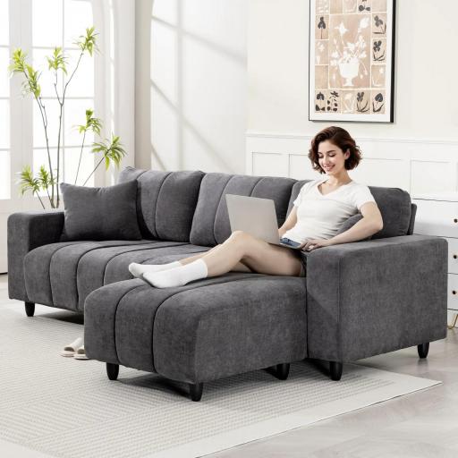 Sofá Chaise Longue Reversible de 3 Plazas 2 Almohadas Tapizado en Lino Marco de Acero 242x156x87 cm Gris Oscuro [7]
