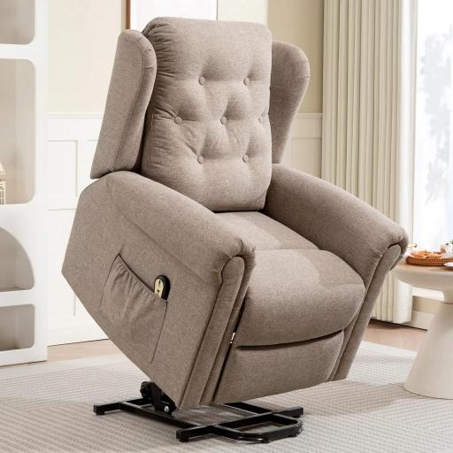 Sillón Relax Reclinable Eléctrico Levanta Personas con Respaldo Alto Capitoné Control Remoto Marrón Claro