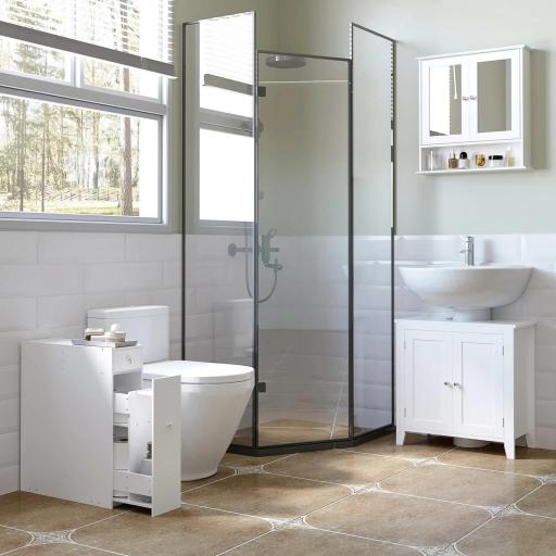 Mueble Auxiliar de Baño Estrecho con 2 Cajones y Compartimiento Superior con Tapa para Lavabo 17x48x58 cm Blanco [3]