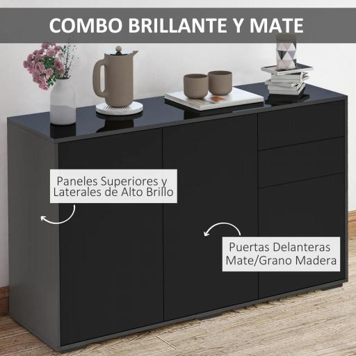 Aparador para Salón con 3 Puertas 2 Cajones y Estante Ajustable 117x36x74 cm Negro [5]