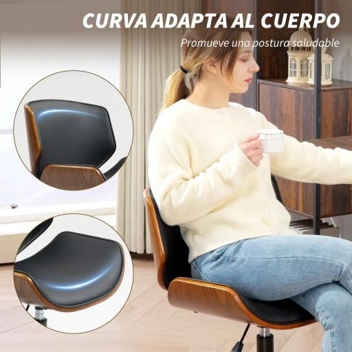 Silla de Escritorio sin Brazos Vintage Giratoria Tapizada en PU Madera Curvada Altura Ajustable Negro y Marrón [4]