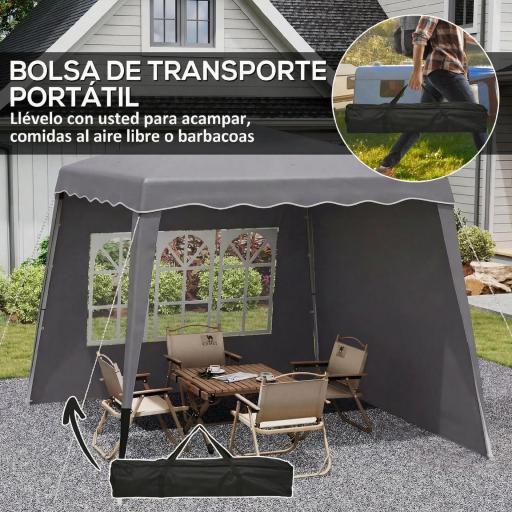 Carpa Plegable Pop-up 2,89x2,89m Cenador Pabellón de Jardín con Paredes Laterales Altura Ajustable Protección UV50+ Gris [3]