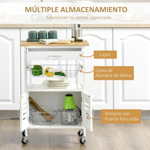 Carrito de Cocina con Ruedas Carro de Almacenamiento Multiuso con Encimera de Bambú Cajón Cesta Metálica y Armario de 2 Puertas de Persiana 58x37x85,5 cm Blanco [2]