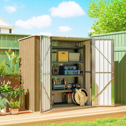 Cobertizo de Jardín Exterior Metálico 1,37 m² 163x89x163 cm con Techo Inclinado, Puertas con Pestillo y Guantes Marrón [0]