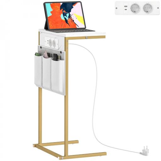 Mesa Auxiliar Estilo Marmolizado con Cargador USB y Espacio de Almacenaje 25,5x40x71 cm Blanco y Dorado [8]