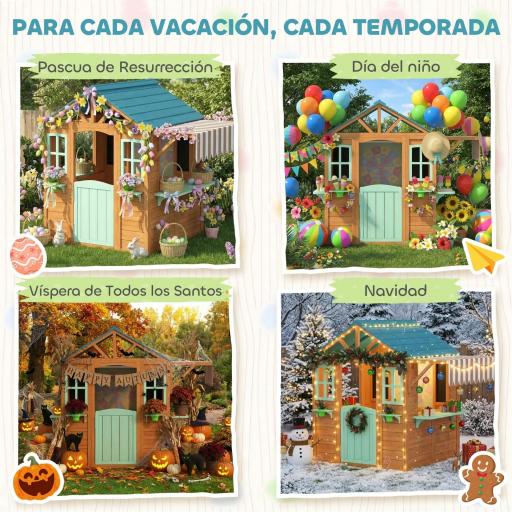 Casita Infantil Exterior e Interior de Madera con Barra de Snack Maceteros Pizarra Ventanas Tela para Tiro y 4 Pelotas [7]