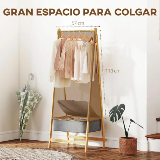 Burro para Ropa Plegable de Bambú con Cesta de Tela con Tapa para Recibidor Entrada Dormitorio 60x44,5x157,5 cm Gris [7]