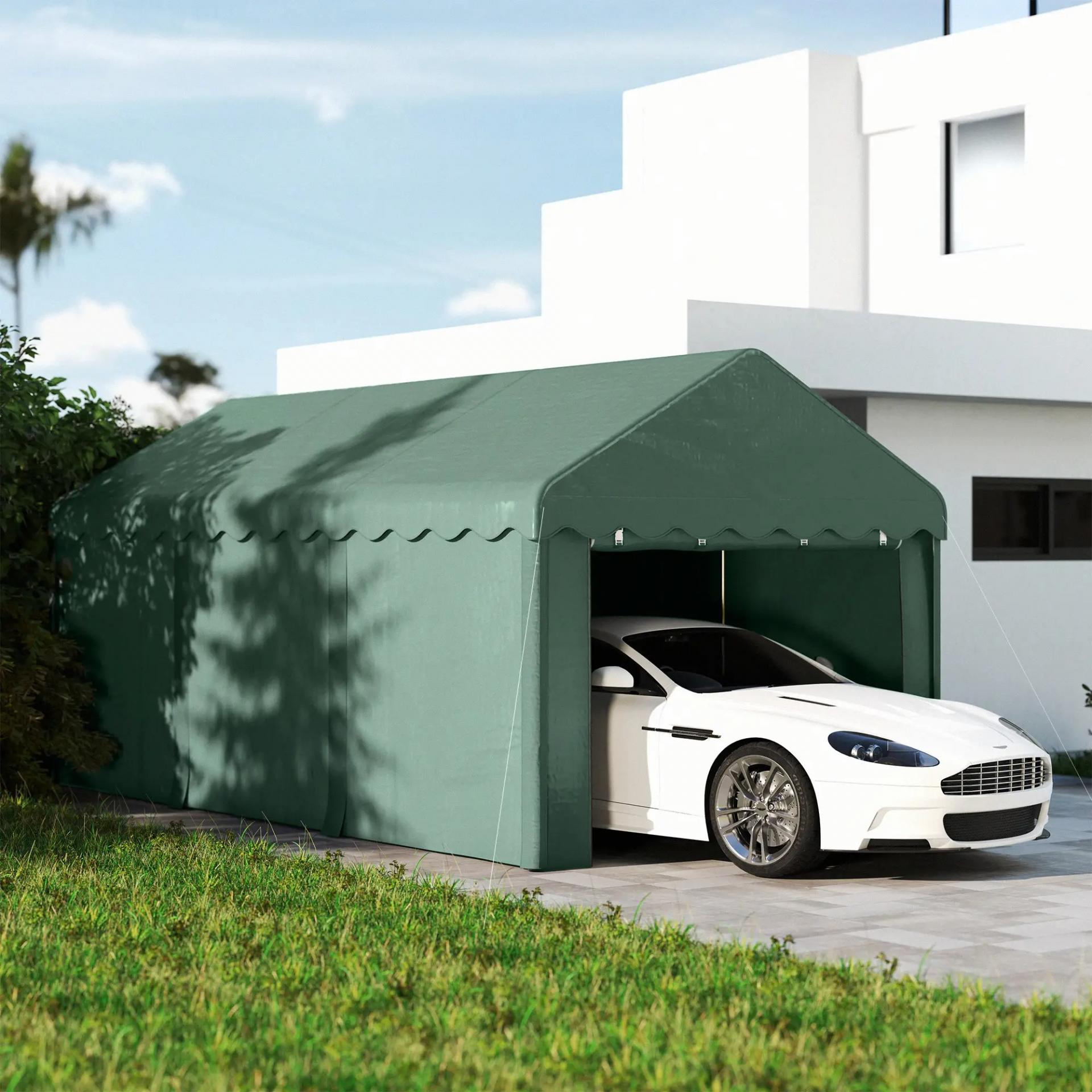 Garaje Exterior para Coche 6x3 m Impermeable Anti-UV con Paredes Laterales Desmontables y 2 Puertas con Cremallera Verde