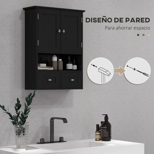 Armario de Baño de Pared Armario Colgante Mueble Suspendido de Baño con 2 Puertas y 2 Cajones 50,8x17,8x66 cm Negro [7]