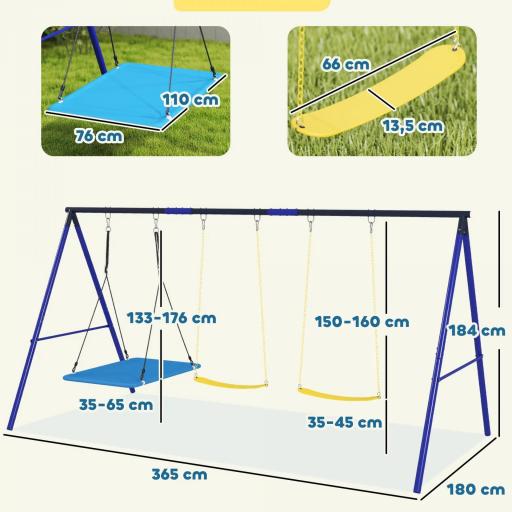 Columpios para Niños de +3 Años con 2 Columpios Simples y 1 Columpio Plataforma Carga 120 kg 365x180x184 cm Multicolor [1]