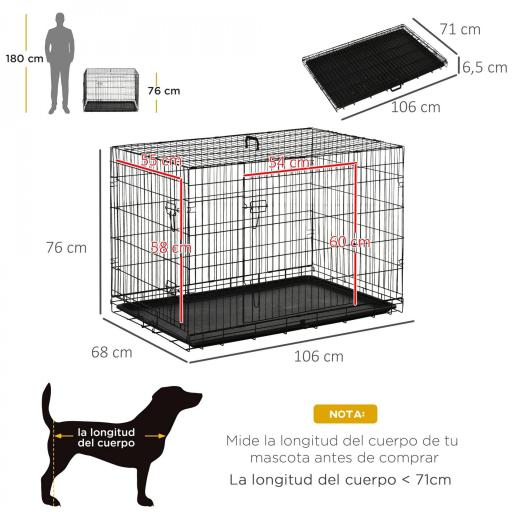 Jaula para Perros Plegable Jaula para Perros Medianos con 2 Puertas Bandeja Extraíble Asa y Marco de Alambre Acero 106x71,5x76 cm Negro [1]