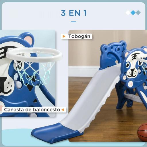 Tobogán para Niños de 18 a 36 Meses con 2 Escaleras 1 Canasta de Baloncesto y Patrón de Tigre 133x60x70 cm Azul y Gris [5]