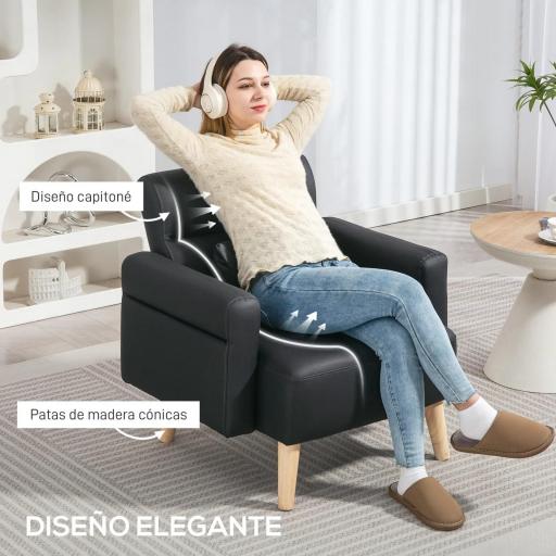 Sillón Tapizado en Cuero Sintético Respaldo con Costuras y Patas de Madera para Salón o Dormitorio 77x78x78 cm Negro [5]