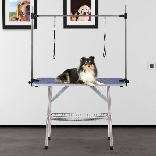 Mesa de Peluquería Canina Plegable, Mesa de Aseo con Cesta de Rejilla Metálica, Encimera Antideslizante, Barra de Acero Inoxidable Ajustable, para Perros, Gatos, 107x60x164 cm, Azul