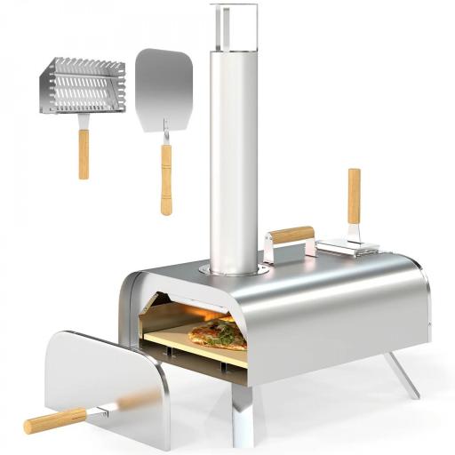 Mini Horno de Leña para Pizza con Piedra Refractaria Pala y Patas Plegables para Camping y Exterior 79x36x75 cm Plata [8]