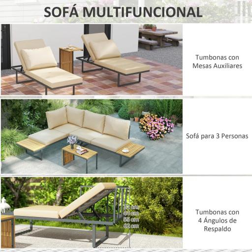 Conjunto de Sofás de Exterior Modular de Acero y Madera de Acacia con Mesa Auxiliar y Cojines Extraíbles [5]