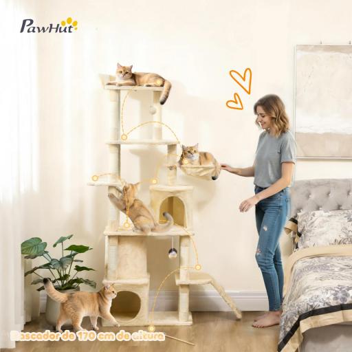 Árbol Rascador para Gatos Grande Altura 170 cm con 7 Postes 1 Túnel 3 Plataformas 2 Cuevas 1 Hamaca Beige [4]