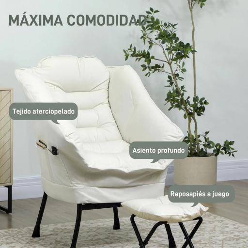 Sillón de Salón con Otomana Sillón de Relax con Bolsillos Laterales y Patas de Acero para Sala de Estar Dormitorio Crema [7]