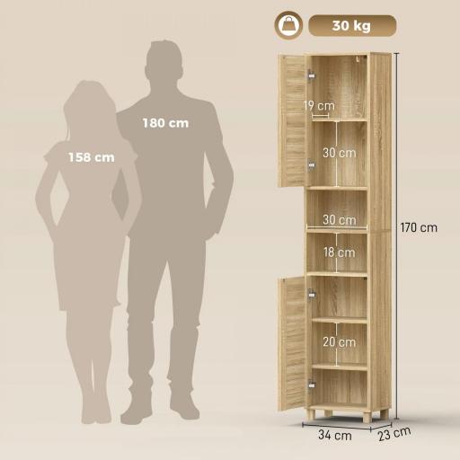 Armario Alto para Baño con Estantes Ajustables Puertas de Lamas Apertura por Presión 34x23x170 cm Natural [1]