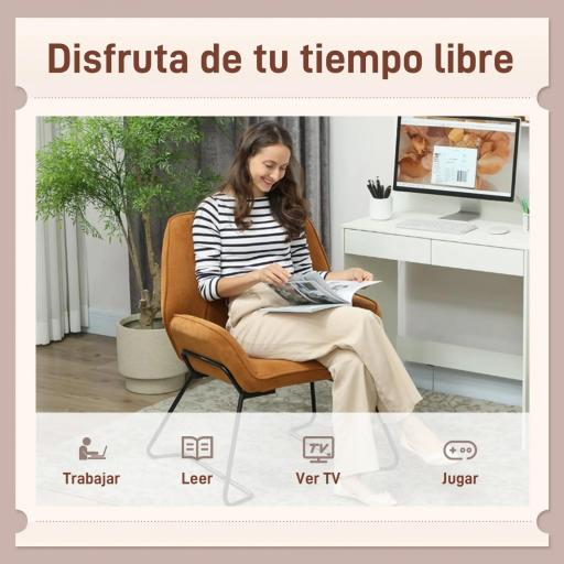 Butaca de Salón con Asiento Ancho y Acolchado Tapizado en Terciopelo Patas de Metal Sillón para Salón Marrón [4]
