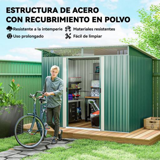 Cobertizo de Jardín Exterior 4,5 m² 260x194x200 cm con Paneles Frontales Transparentes y 2 Puertas Corredizas Verde [4]