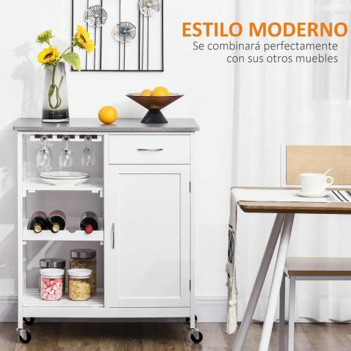 Carro de Cocina con Ruedas Carrito de Servicio con 1 Cajón Estantes Extraíbles y Botellero 76x48x88 cm Blanco [3]