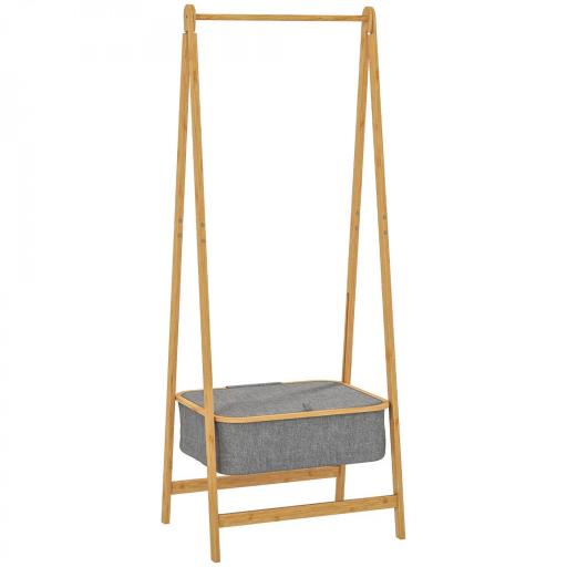Burro para Ropa Plegable de Bambú con Cesta de Tela con Tapa para Recibidor Entrada Dormitorio 60x44,5x157,5 cm Gris [10]