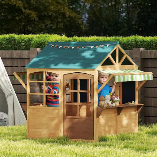 Casita de Juegos Infantil de Madera con Ventanas Pizarras Tejado y Toldo 173x117x144 cm Madera Natural