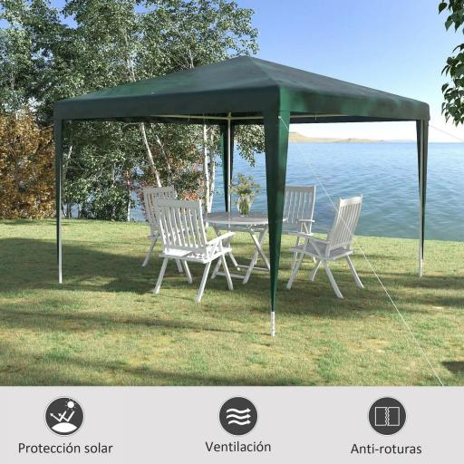 Carpa Desmontable 3x3 m Cenador Pabellón de Jardín con 4 Orificios de Drenaje y Marco de Acero para Terraza Patio Verde [2]