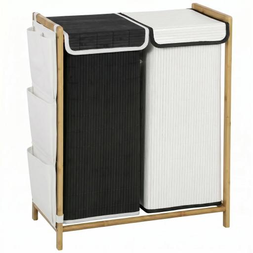 Cesto de Ropa Sucia con Tapa 120L de Bambú con 2 Compartimentos Bolsas con Cordón Bolsillos Laterales Blanco y Negro [9]
