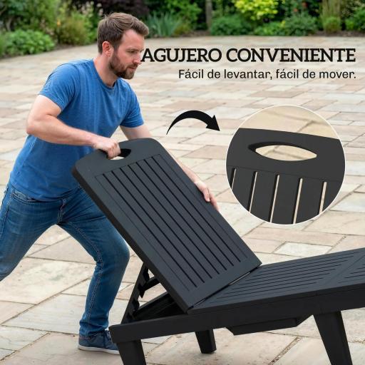 Conjunto de 2 Tumbonas Reclinables de Plástico PP con Bandeja Lateral Respaldo Ajustable 5 Niveles 192x57x28,5 cm Negro [6]