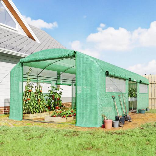 Invernadero de Túnel 6x3x2 m con 6 Ventanas de Malla Cubierta de PE Anti-UV y 3 Puertas Enrollables Verde