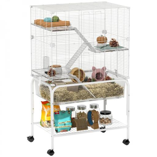 Jaula para Animales Pequeños de 4 Niveles con Ruedas Bandeja Profunda Rampas Plataformas y Comedero 73x47x123 cm Blanco [8]