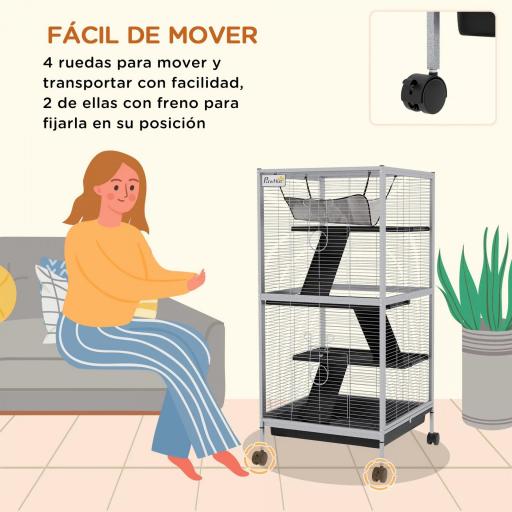 Jaula para Animales Pequeños con Ruedas 2 Puertas 3 Rampas Hamaca Colgante y Bandeja Extraíble 52x52x113,5cm Gris [5]
