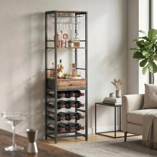 Mueble de Bar para Vinos con Soporte de Copas y Cajón Botellero para 12 Botellas con Estante Abierto Marrón Rústico [8]