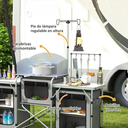 Mueble de Cocina para Camping Plegable con 3 Mesas 4 Ganchos Poste de Luz y Bolsa de Transporte 172x48x130 cm Gris [6]