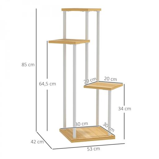 Soporte para Plantas de Madera y Acero de 4 Niveles con 4 Estantes Cuadrados 53x42x85 cm Natural y Blanco [1]